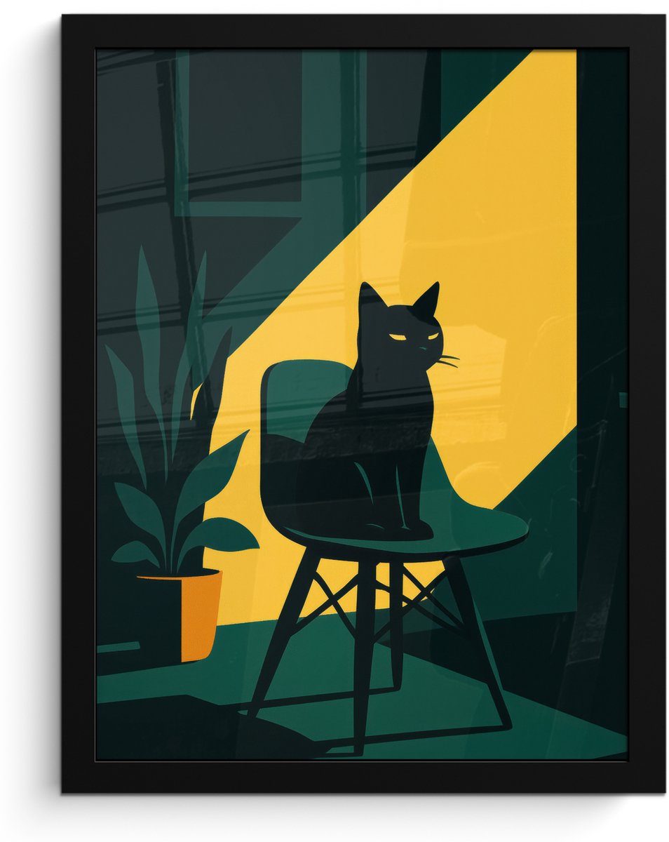 FrameYourWall Poster in lijst - Fotolijst 30x40 cm - Posters - Zwarte kat - Mysterieus - Gele instraal - Posterlijst zwart - Decoratie - Wanddecoratie woonkamer - Muurdecoratie slaapkamer