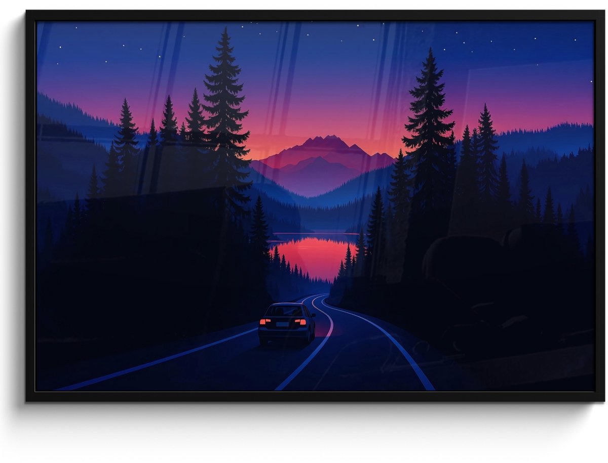 FrameYourWall Poster in lijst - Fotolijst 120x80 cm - Posters - Auto - Donkere dennenbomen - Zonsondergang - Posterlijst zwart - Decoratie - Wanddecoratie woonkamer - Muurdecoratie slaapkamer Auto - Dennenbomen - Zonsondergang