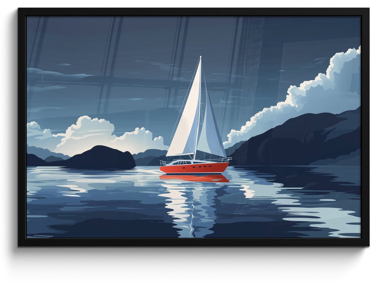 FrameYourWall Poster in lijst - Fotolijst 90x60 cm - Posters - Zeilboot - Donkere bergen - Stilte - Posterlijst zwart - Decoratie - Wanddecoratie woonkamer - Muurdecoratie slaapkamer Zeilboot - Wolken
