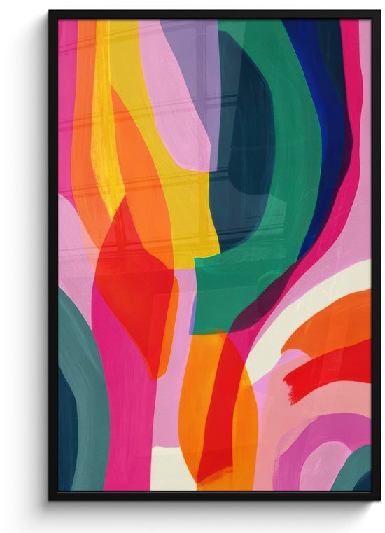 Poster in lijst - Fotolijst 80x120 cm - Posters - Vormen - Golvend - Abstract - Felroze - Posterlijst zwart - Decoratie - Wanddecoratie woonkamer - Muurdecoratie slaapkamer