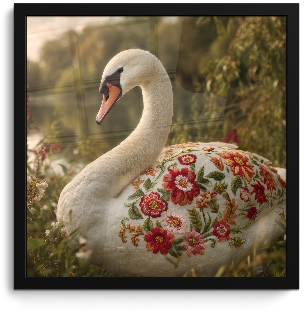 FrameYourWall Poster in lijst - Fotolijst 40x40 cm - Posters - Zwaan - Bloemen - Natuur - Posterlijst zwart - Decoratie - Wanddecoratie woonkamer - Muurdecoratie slaapkamer