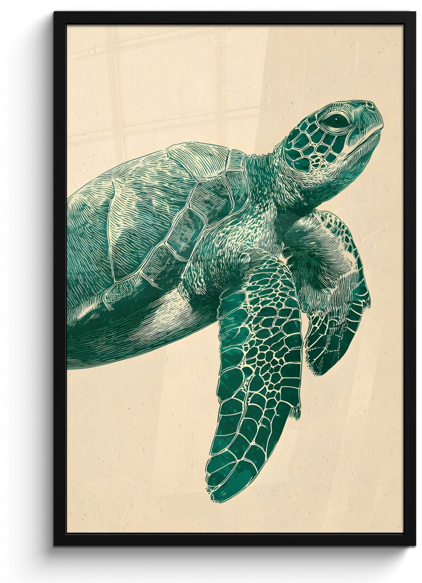 FrameYourWall Poster in lijst - Fotolijst 60x90 cm - Posters - Schildpad - Sierlijk - Groen - Schild - Posterlijst zwart - Decoratie - Wanddecoratie woonkamer - Muurdecoratie slaapkamer