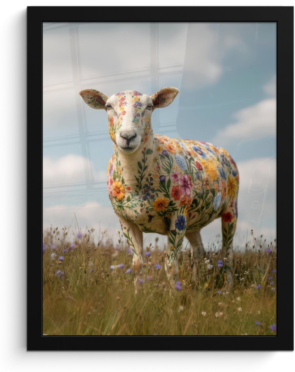 FrameYourWall Poster in lijst - Fotolijst 30x40 cm - Posters - Schaap - Bloemen - Weide - Posterlijst zwart - Decoratie - Wanddecoratie woonkamer - Muurdecoratie slaapkamer