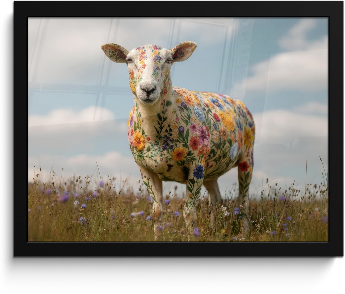 FrameYourWall Poster in lijst - Fotolijst 40x30 cm - Posters - Schaap - Bloemen - Weide - Posterlijst zwart - Decoratie - Wanddecoratie woonkamer - Muurdecoratie slaapkamer