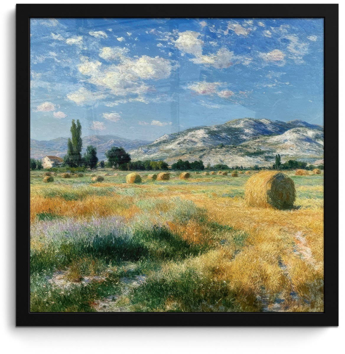 FrameYourWall Poster in lijst - Fotolijst 40x40 cm - Posters - Landschap - Strobalen - Bergen - Wolken - Posterlijst zwart - Decoratie - Wanddecoratie woonkamer - Muurdecoratie slaapkamer