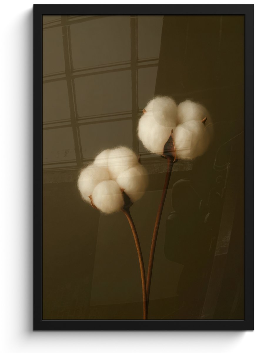FrameYourWall Poster in lijst - Fotolijst 40x60 cm - Posters - Takken - Katoen - Wit - Bollen - Posterlijst zwart - Decoratie - Wanddecoratie woonkamer - Muurdecoratie slaapkamer