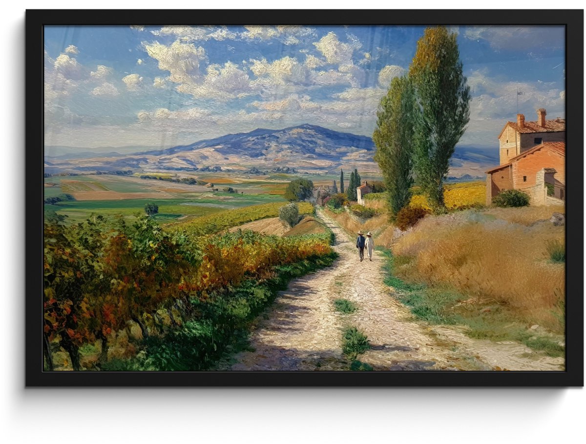FrameYourWall Poster in lijst - Fotolijst 60x40 cm - Posters - Mensen - Wandelen - Zandpad - Velden - Posterlijst zwart - Decoratie - Wanddecoratie woonkamer - Muurdecoratie slaapkamer Zandpad - Velden - Bergen