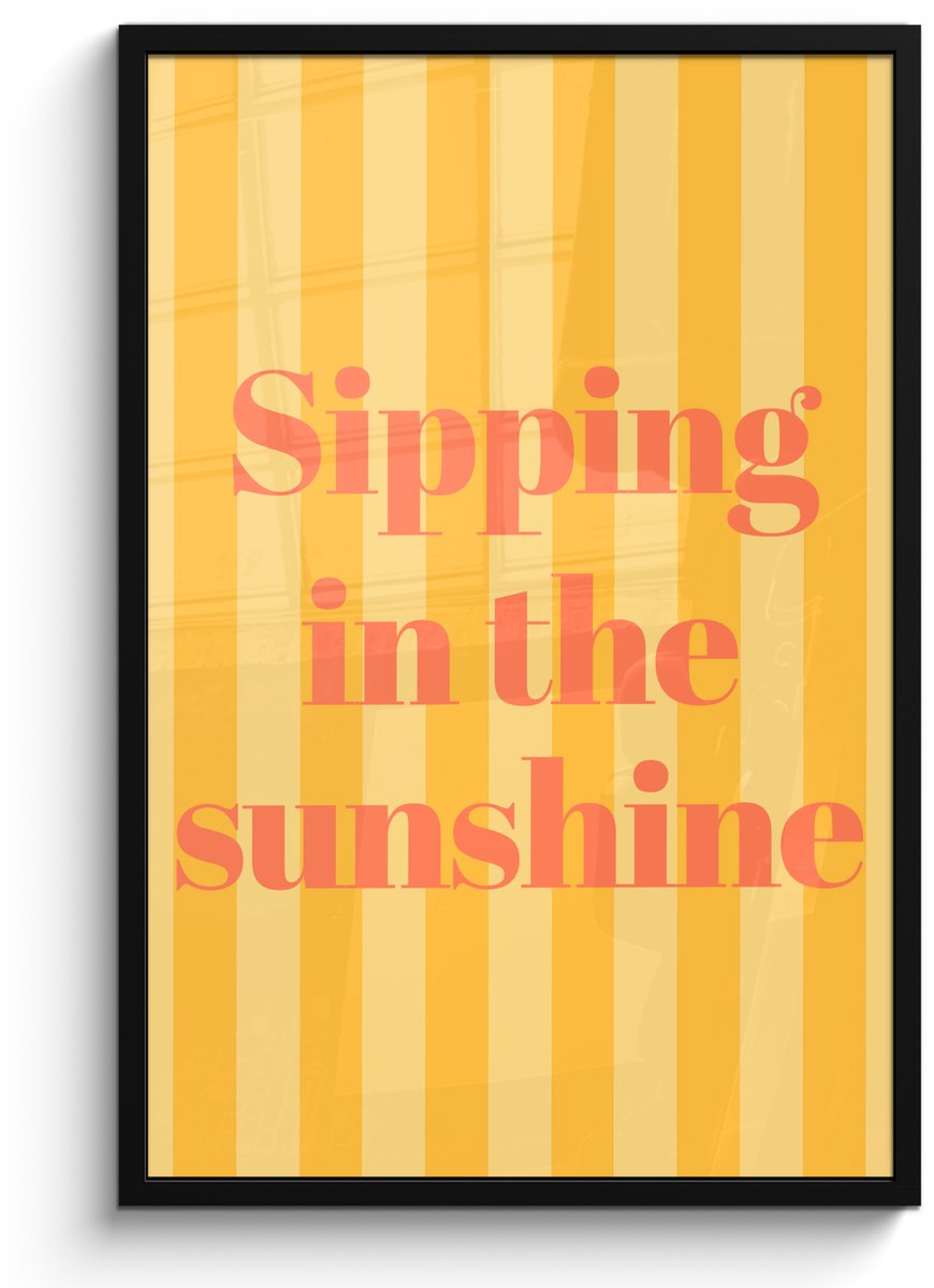FrameYourWall Poster in lijst - Fotolijst 60x90 cm - Posters - Gestreept - Geel - Sunshine - Letters - Posterlijst zwart - Decoratie - Wanddecoratie woonkamer - Muurdecoratie slaapkamer Tekst - Strepen