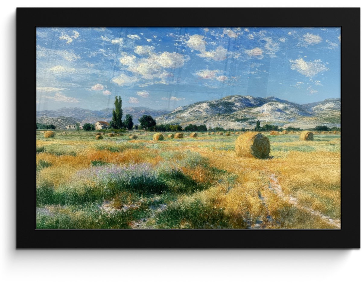 FrameYourWall Poster in lijst - Fotolijst 30x20 cm - Posters - Landschap - Strobalen - Bergen - Wolken - Posterlijst zwart - Decoratie - Wanddecoratie woonkamer - Muurdecoratie slaapkamer