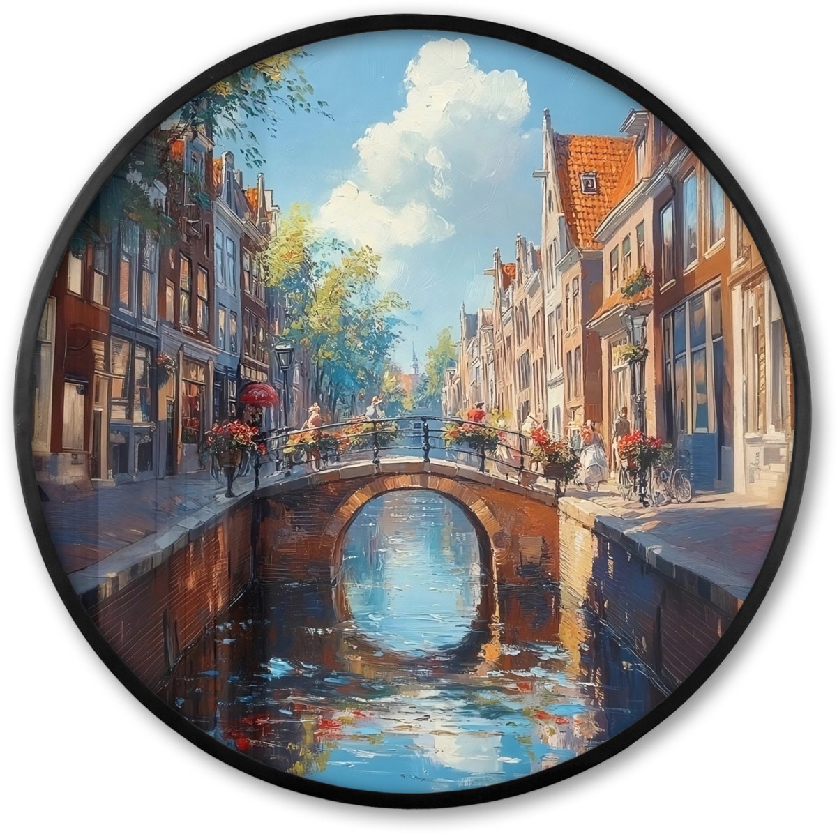 FrameYourWall Poster in lijst Rond - Fotolijst 60x60 cm - Posters - Stad - Gracht - Zon - Fietsen - Ronde posterlijst zwart - Decoratie - Wanddecoratie woonkamer - Muurdecoratie slaapkamer Brug - Gracht - Huizen
