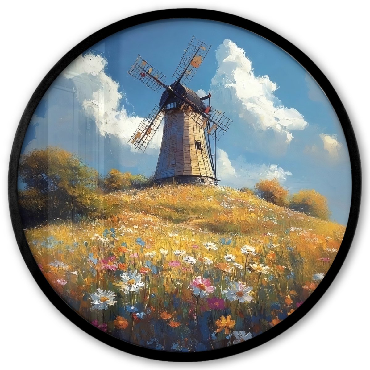 FrameYourWall Poster in lijst Rond - Fotolijst 40x40 cm - Posters - Windmolen - Heuvel - Bloemen - Kleurrijk - Ronde posterlijst zwart - Decoratie - Wanddecoratie woonkamer - Muurdecoratie slaapkamer