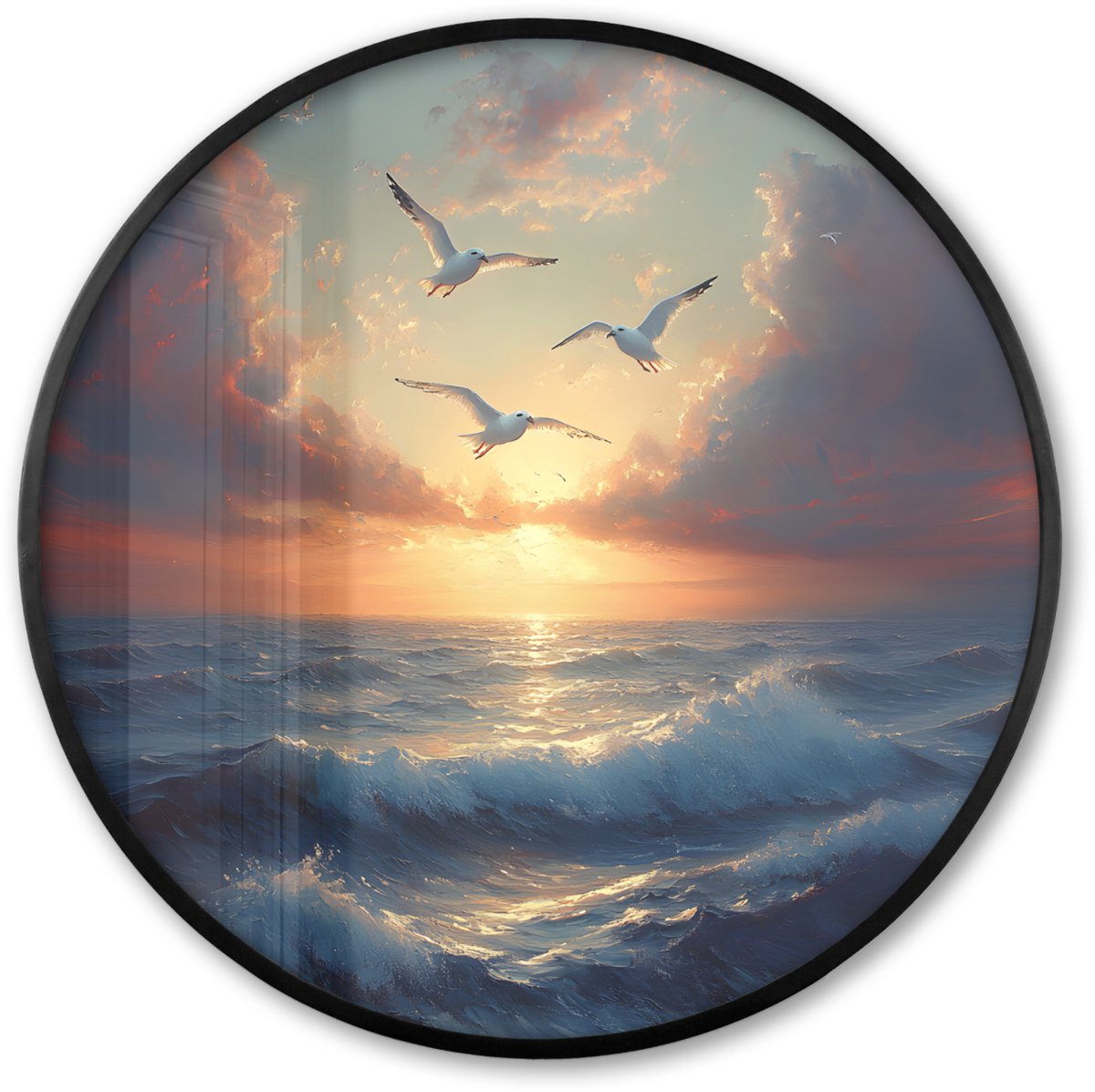 FrameYourWall Poster in lijst Rond - Fotolijst 80x80 cm - Posters - Meeuwen - Zonsondergang - Zee - Wolken - Ronde posterlijst zwart - Decoratie - Wanddecoratie woonkamer - Muurdecoratie slaapkamer