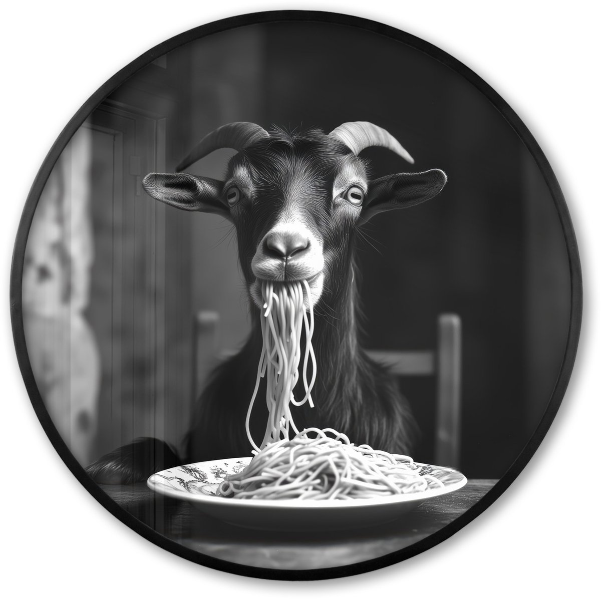 FrameYourWall Poster in lijst Rond - Fotolijst 60x60 cm - Posters - Geit - Bord - Spaghetti - Zwart Wit - Ronde posterlijst zwart - Decoratie - Wanddecoratie woonkamer - Muurdecoratie slaapkamer