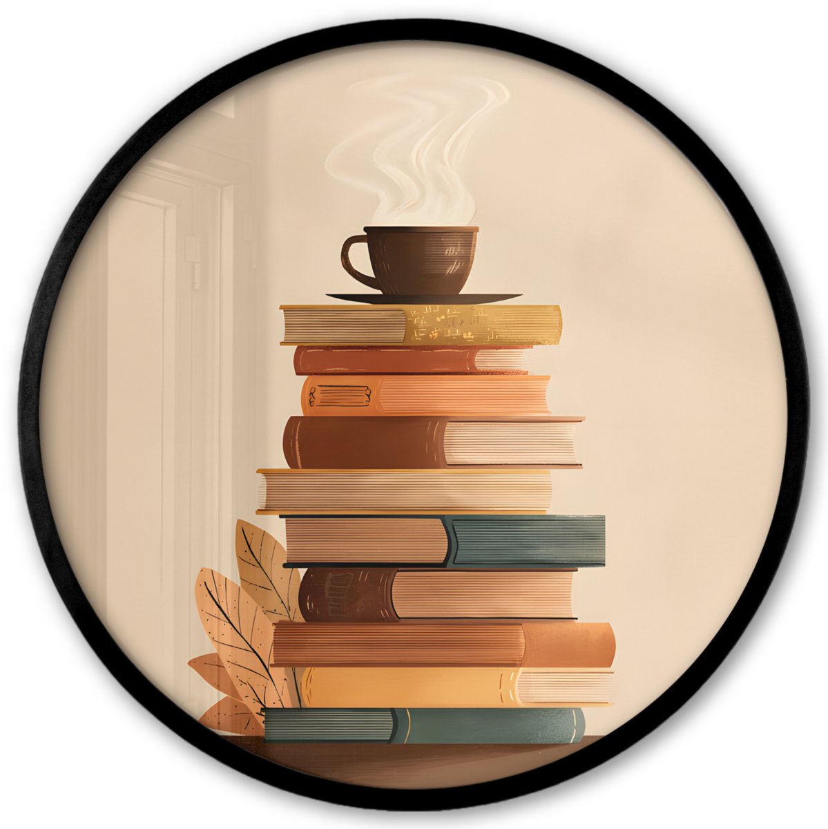 FrameYourWall Poster in lijst Rond - Fotolijst 40x40 cm - Posters - Boeken - Toren - Koffie - Beige - Ronde posterlijst zwart - Decoratie - Wanddecoratie woonkamer - Muurdecoratie slaapkamer Stapel - Boeken - Koffie