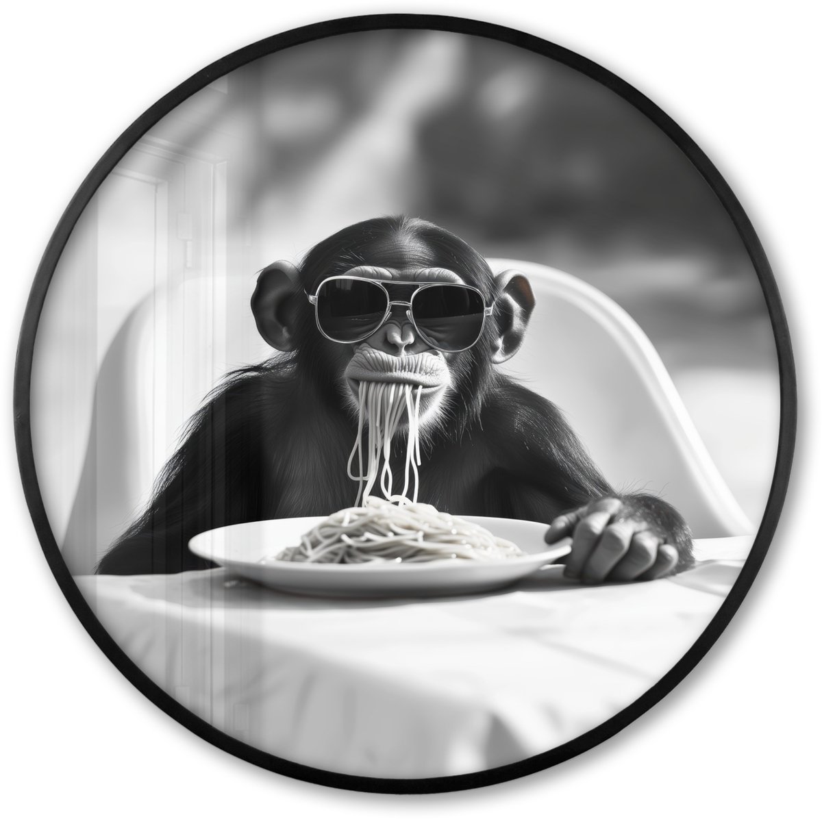 FrameYourWall Poster in lijst Rond - Fotolijst 60x60 cm - Posters - Aap - Spaghetti - Zonnebril - Zwart wit - Cool - Dier - Ronde posterlijst zwart - Decoratie - Wanddecoratie woonkamer - Muurdecoratie slaapkamer