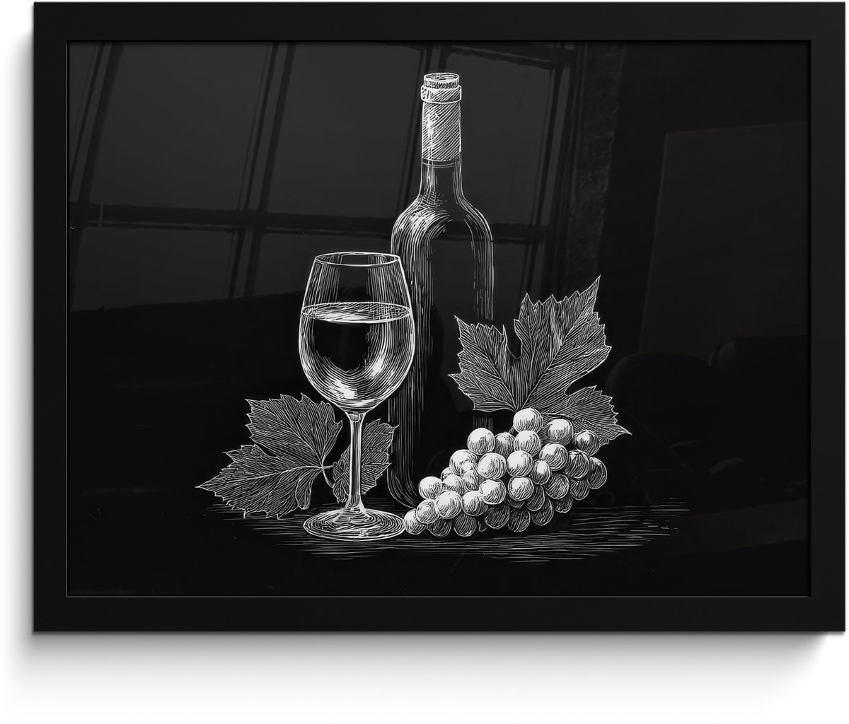 FrameYourWall Poster in lijst - Fotolijst 40x30 cm - Posters - Wijnfles - Glas - Druiven - Bladeren - Posterlijst zwart - Decoratie - Wanddecoratie woonkamer - Muurdecoratie slaapkamer Wijnfles - Druiven