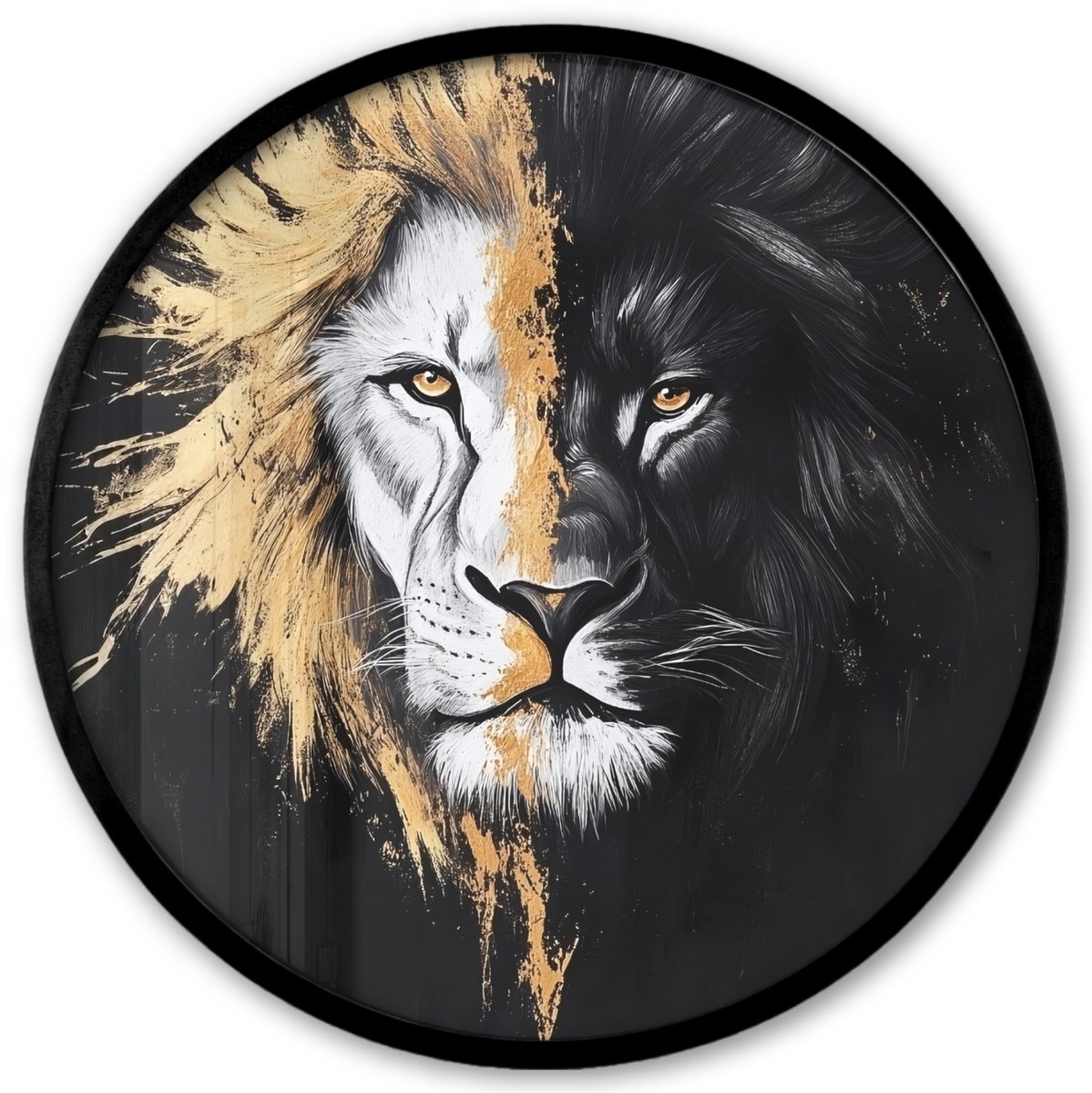 FrameYourWall Poster in lijst Rond - Fotolijst 40x40 cm - Posters - Leeuw - Gesplitst - Zwart - Lijn - Ronde posterlijst zwart - Decoratie - Wanddecoratie woonkamer - Muurdecoratie slaapkamer Leeuw - Portret