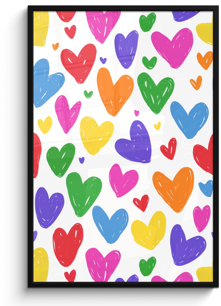 FrameYourWall Poster in lijst - Fotolijst 80x120 cm - Posters - Hartjes - Patroon - Kleurrijk - Tekening - Posterlijst zwart - Decoratie - Wanddecoratie woonkamer - Muurdecoratie slaapkamer Hartjes - Kleurrijk
