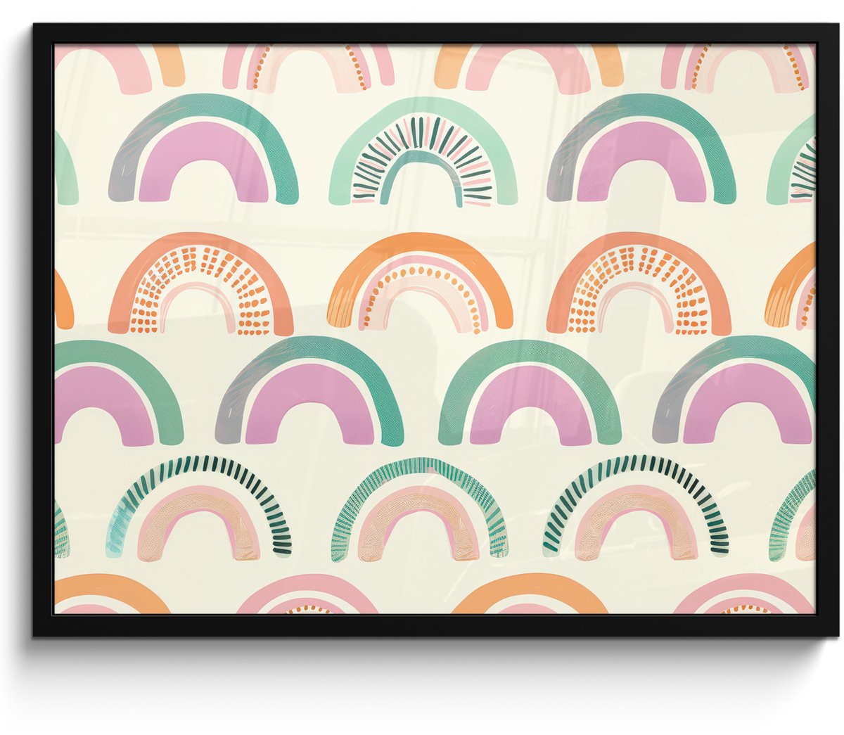FrameYourWall Poster in lijst - Fotolijst 80x60 cm - Posters - Regenboog - Pastel - Patroon - Posterlijst zwart - Decoratie - Wanddecoratie woonkamer - Muurdecoratie slaapkamer Regenbogen - Stippen - Strepen