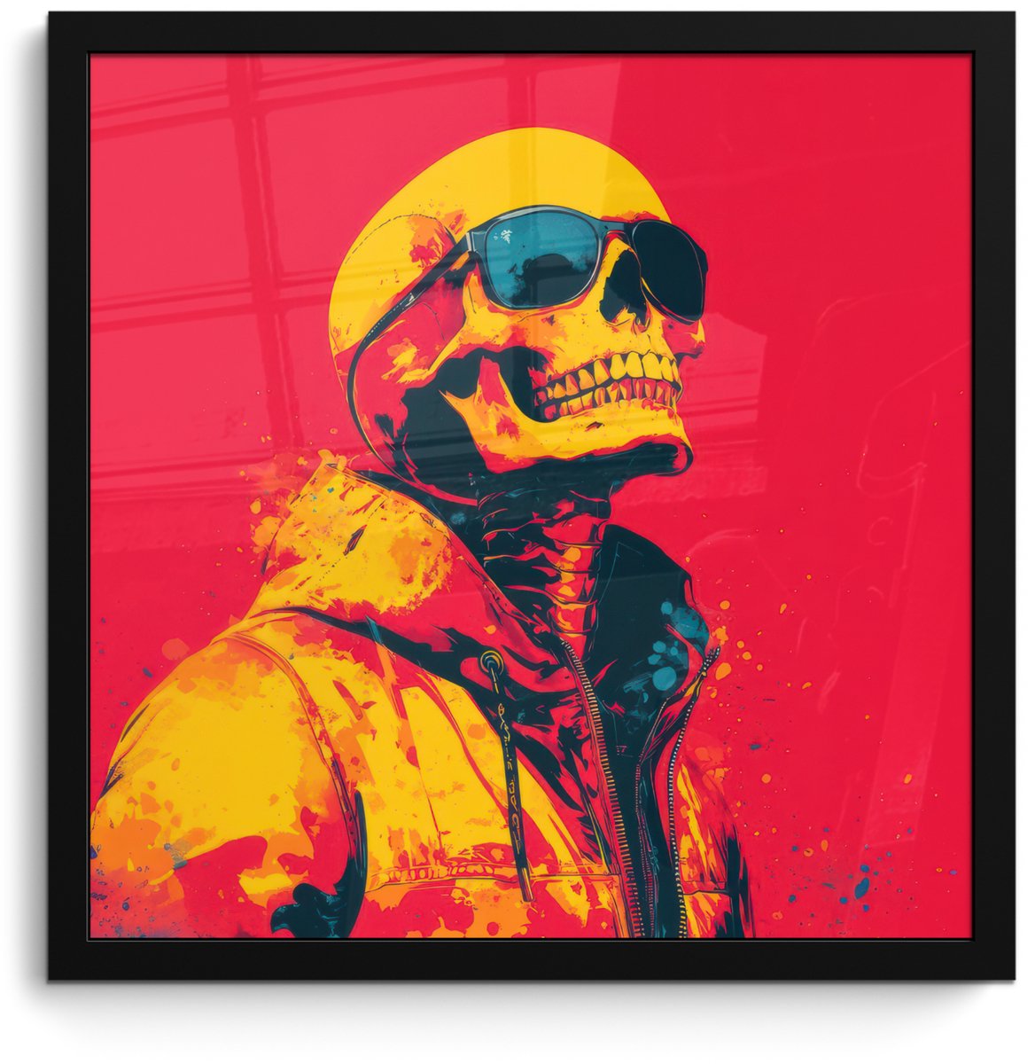 FrameYourWall Poster in lijst - Fotolijst 40x40 cm - Posters - Zonnebril - Schedel - Jas - Rood - Posterlijst zwart - Decoratie - Wanddecoratie woonkamer - Muurdecoratie slaapkamer Schedel - Zonnebril