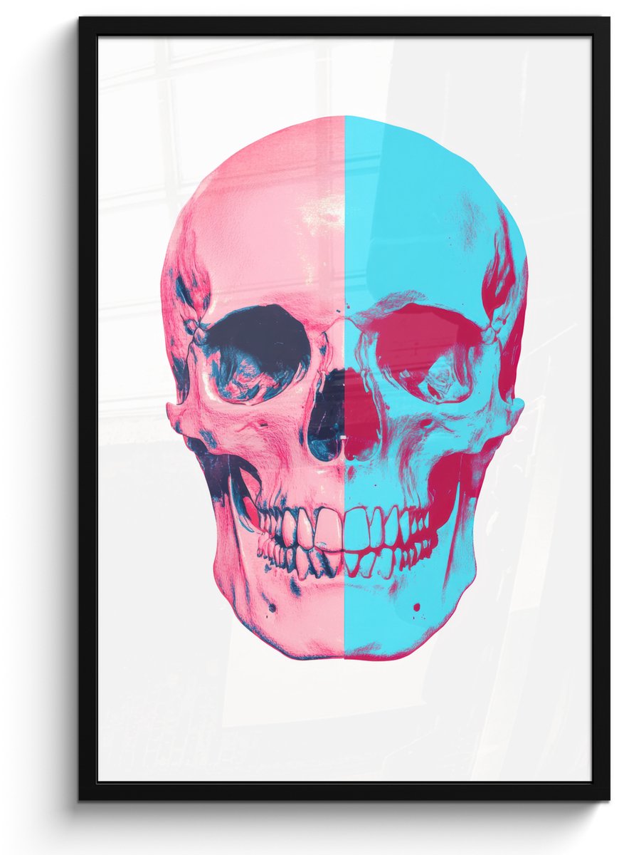 FrameYourWall Poster in lijst - Fotolijst 60x90 cm - Posters - Schedel - Grafisch - Roze - Verdeeld - Posterlijst zwart - Decoratie - Wanddecoratie woonkamer - Muurdecoratie slaapkamer
