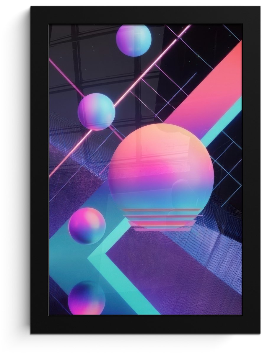 FrameYourWall Poster in lijst - Fotolijst 20x30 cm - Posters - Cirkels - Vlakken - Abstract - Blauw - Posterlijst zwart - Decoratie - Wanddecoratie woonkamer - Muurdecoratie slaapkamer Cirkels - Neon