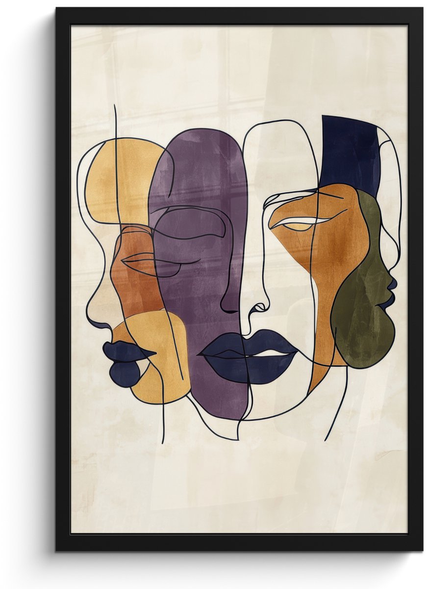 FrameYourWall Poster in lijst - Fotolijst 40x60 cm - Posters - Abstract - Overlappende gezichten - Paars - Donkergroen - Posterlijst zwart - Decoratie - Wanddecoratie woonkamer - Muurdecoratie slaapkamer Abstract - Gezichten
