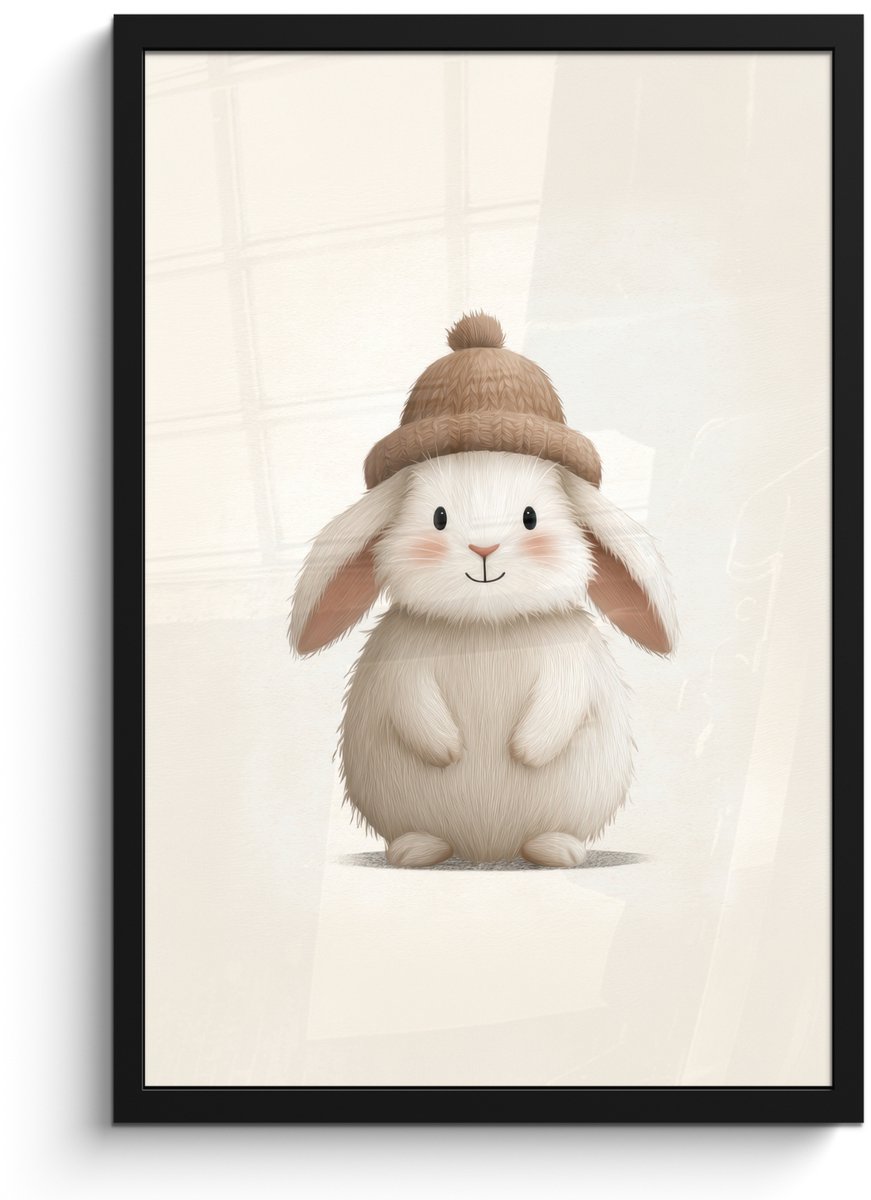 FrameYourWall Poster in lijst - Fotolijst 40x60 cm - Posters - Konijn - Muts - Oren - Beige - Posterlijst zwart - Decoratie - Wanddecoratie woonkamer - Muurdecoratie slaapkamer