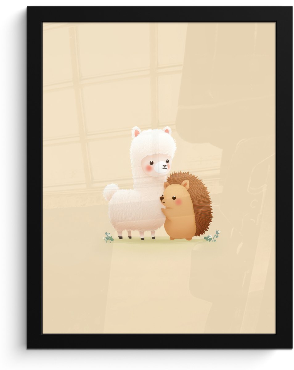 FrameYourWall Poster in lijst - Fotolijst 30x40 cm - Posters - Alpaca - Egel - Bruin - Knuffelen - Posterlijst zwart - Decoratie - Wanddecoratie woonkamer - Muurdecoratie slaapkamer