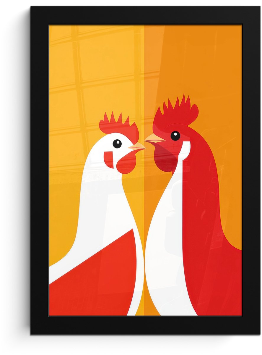 FrameYourWall Poster in lijst - Fotolijst 20x30 cm - Posters - Kippen - Oranje - Vlakken - Posterlijst zwart - Decoratie - Wanddecoratie woonkamer - Muurdecoratie slaapkamer
