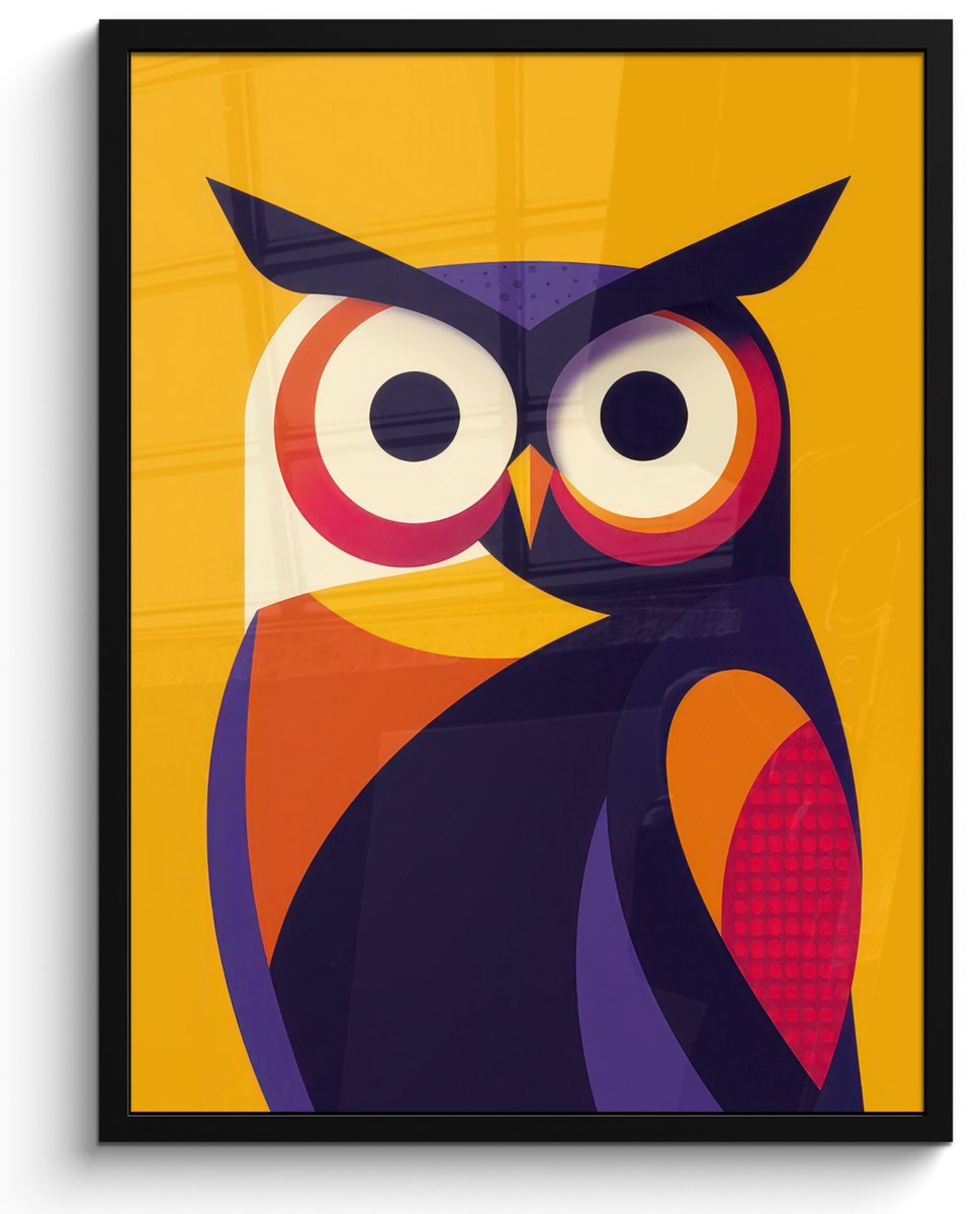 FrameYourWall Poster in lijst - Fotolijst 60x80 cm - Posters - Uil - Grafisch - Kleurrijk - Ogen - Posterlijst zwart - Decoratie - Wanddecoratie woonkamer - Muurdecoratie slaapkamer Uil - Ogen