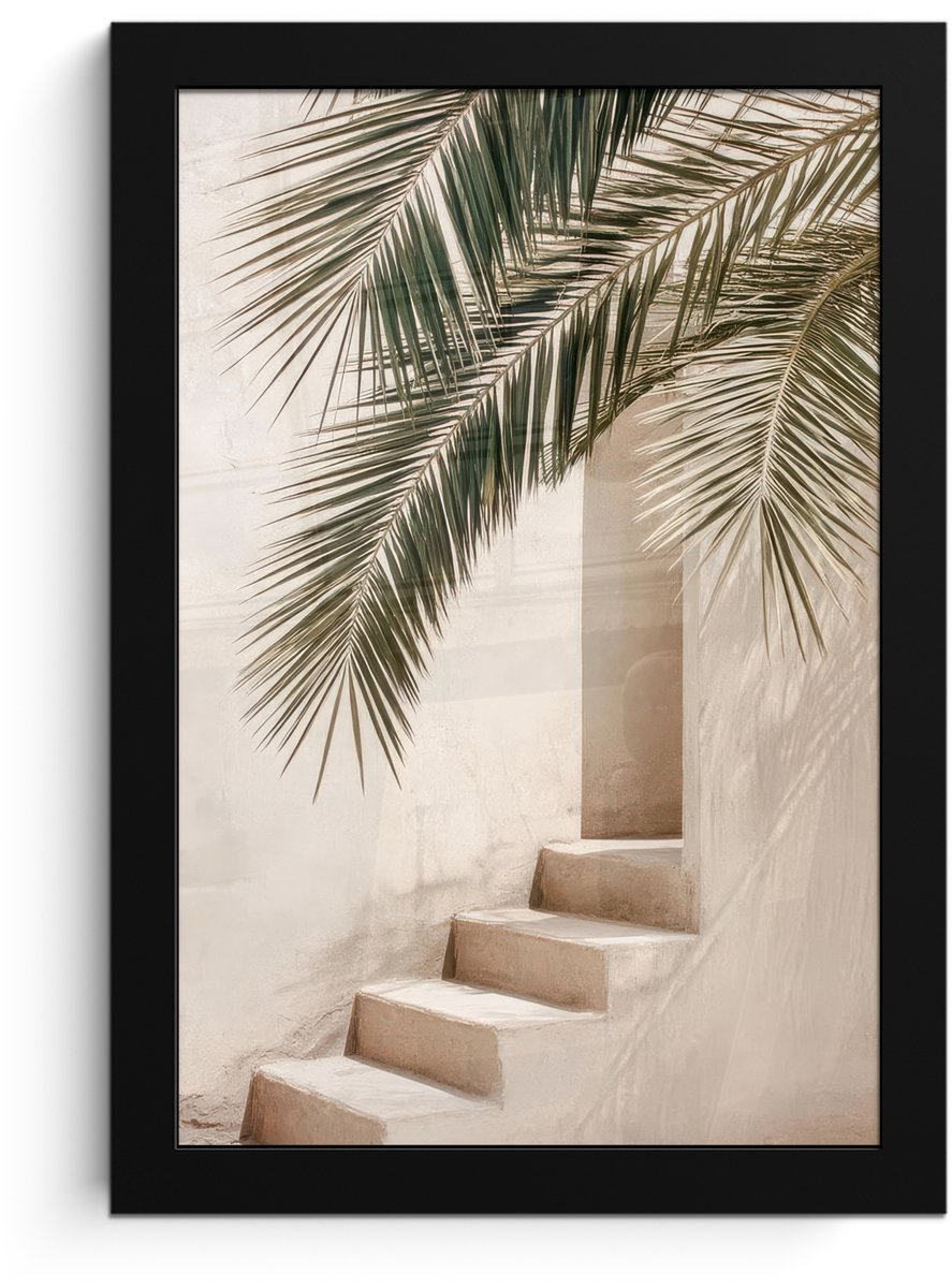 FrameYourWall Poster in lijst - Fotolijst 20x30 cm - Posters - Palmboom - Schaduw - Trap - Beige - Posterlijst zwart - Decoratie - Wanddecoratie woonkamer - Muurdecoratie slaapkamer