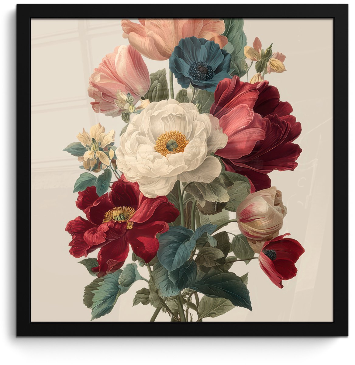 FrameYourWall Poster in lijst - Fotolijst 40x40 cm - Posters - Boeket - Warme tinten - Elegant - Posterlijst zwart - Decoratie - Wanddecoratie woonkamer - Muurdecoratie slaapkamer Boeket - Elegant