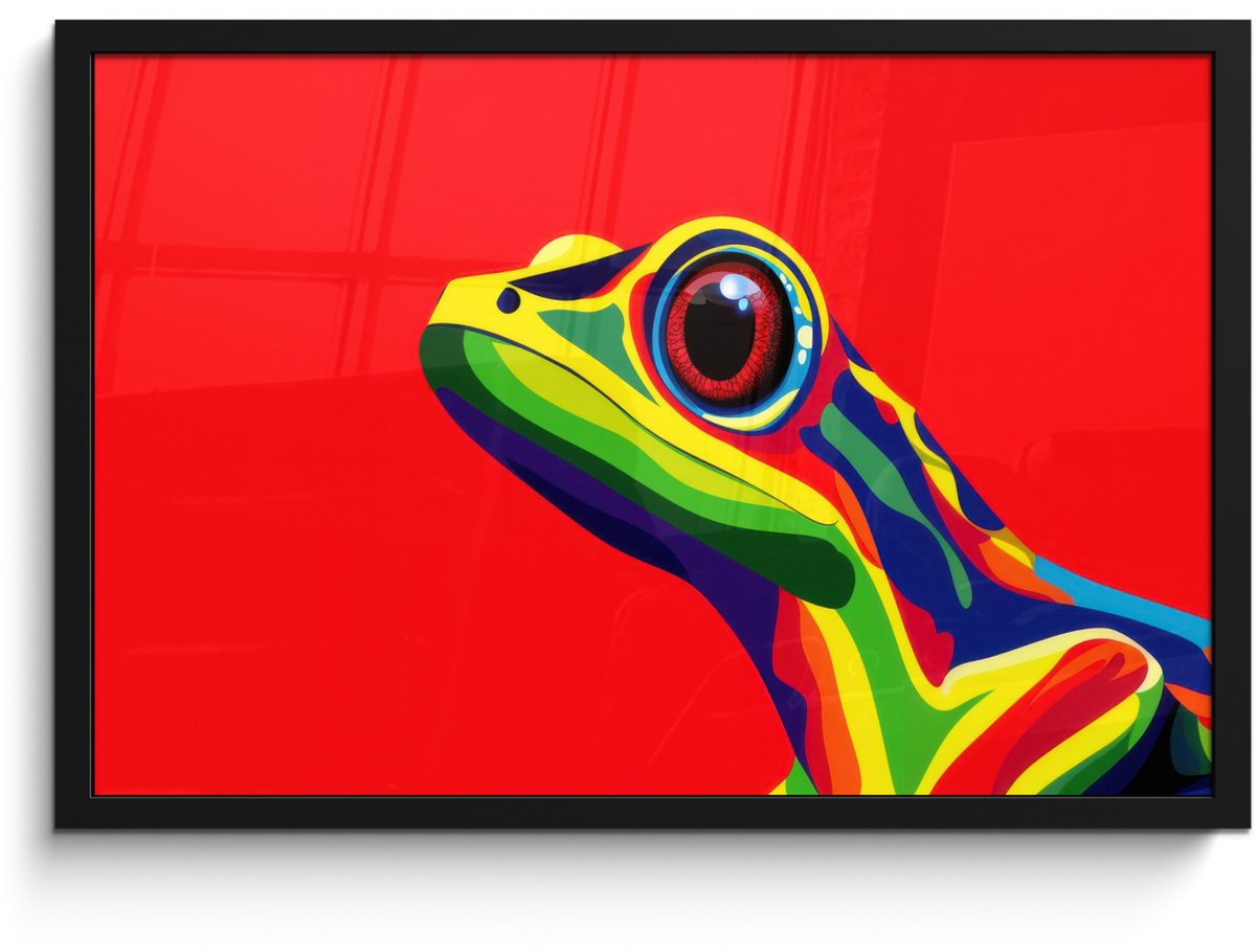 FrameYourWall Poster in lijst - Fotolijst 60x40 cm - Posters - Kikker - Kleurrijk - Strepen - Ogen - Posterlijst zwart - Decoratie - Wanddecoratie woonkamer - Muurdecoratie slaapkamer