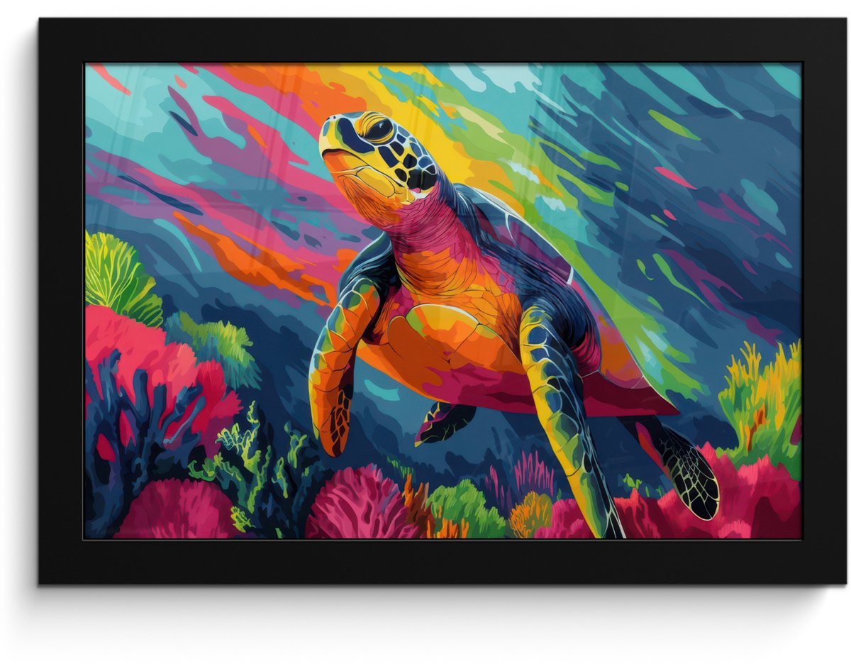 FrameYourWall Poster in lijst - Fotolijst 30x20 cm - Posters - Koraal - Schildpad - Abstract - Water - Posterlijst zwart - Decoratie - Wanddecoratie woonkamer - Muurdecoratie slaapkamer Schildpad - Kleurrijk