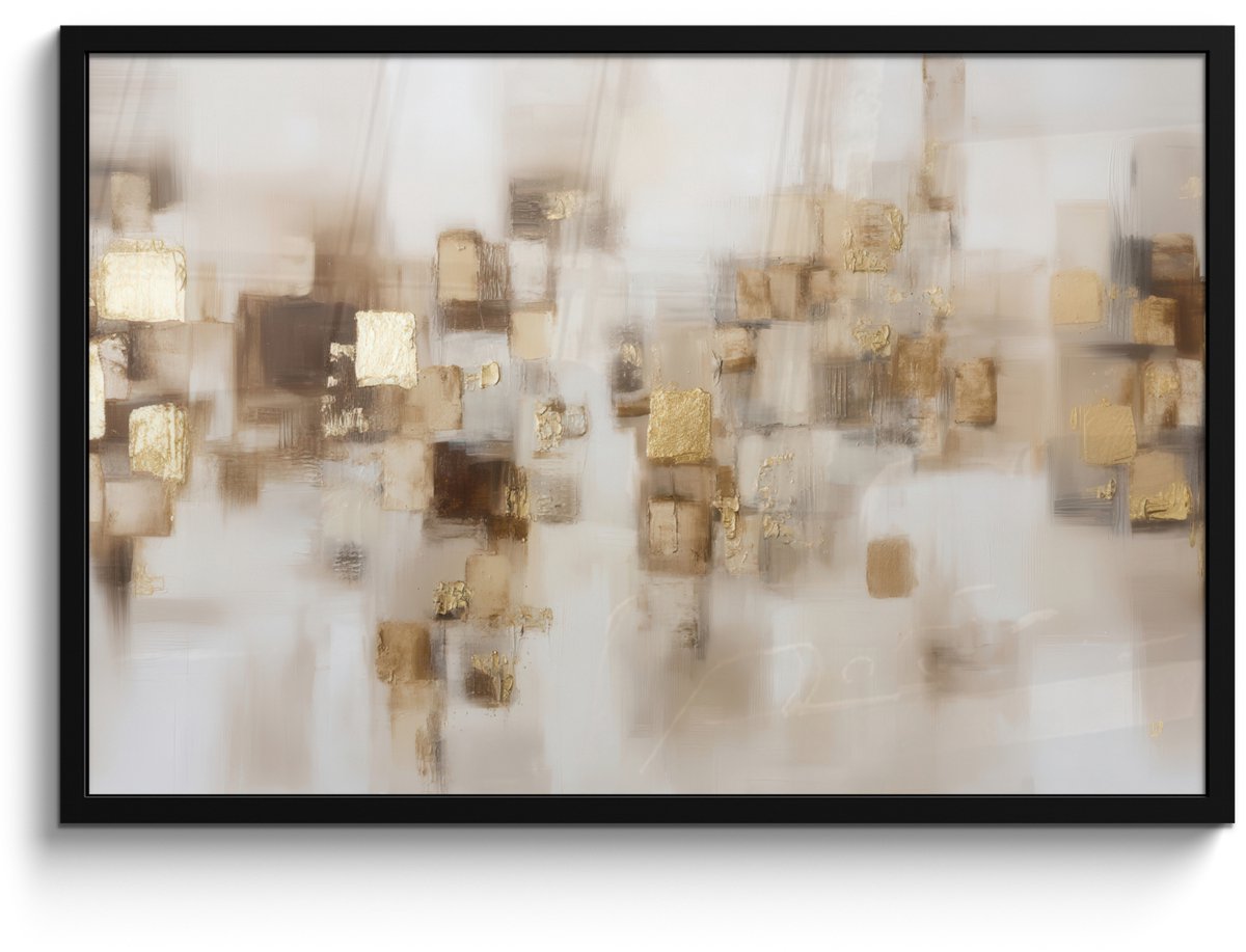 FrameYourWall Poster in lijst - Fotolijst 90x60 cm - Posters - Abstracte vierkanten - Aardetonen - Mistig - Posterlijst zwart - Decoratie - Wanddecoratie woonkamer - Muurdecoratie slaapkamer Aardetonen - Mistig - Abstract