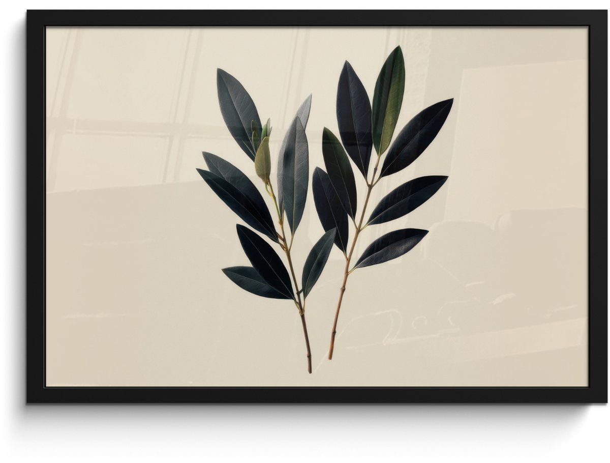 FrameYourWall Poster in lijst - Fotolijst 60x40 cm - Posters - Ovaalvormige bladeren - Diep groen - Symmetrisch - Posterlijst zwart - Decoratie - Wanddecoratie woonkamer - Muurdecoratie slaapkamer