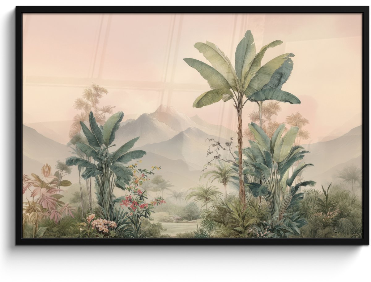 FrameYourWall Poster in lijst - Fotolijst 120x80 cm - Posters - Tropisch landschap - palmbomen - Bloemen - Roze lucht - Posterlijst zwart - Decoratie - Wanddecoratie woonkamer - Muurdecoratie slaapkamer Tropisch - Landschap