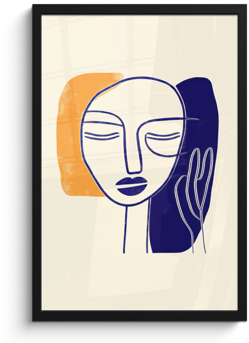 FrameYourWall Poster in lijst - Fotolijst 40x60 cm - Posters - Minimalistisch - Gezicht - Hand - Oranje - Blauw - Posterlijst zwart - Decoratie - Wanddecoratie woonkamer - Muurdecoratie slaapkamer Gezicht - Hand - Minimalistisch