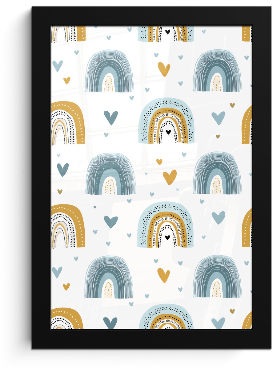FrameYourWall Poster in lijst - Fotolijst 20x30 cm - Posters - Patroon - Regenboog - Hartjes - Posterlijst zwart - Decoratie - Wanddecoratie woonkamer - Muurdecoratie slaapkamer Multicolor