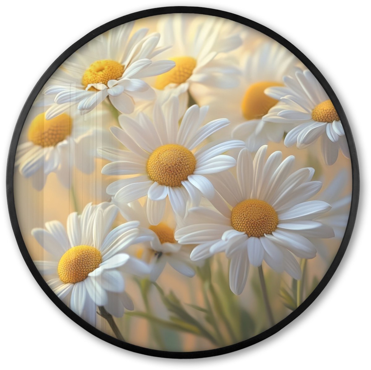 FrameYourWall Poster in lijst Rond - Fotolijst 80x80 cm - Posters - Madeliefjes - Wit - Zonlicht - Ronde posterlijst zwart - Decoratie - Wanddecoratie woonkamer - Muurdecoratie slaapkamer
