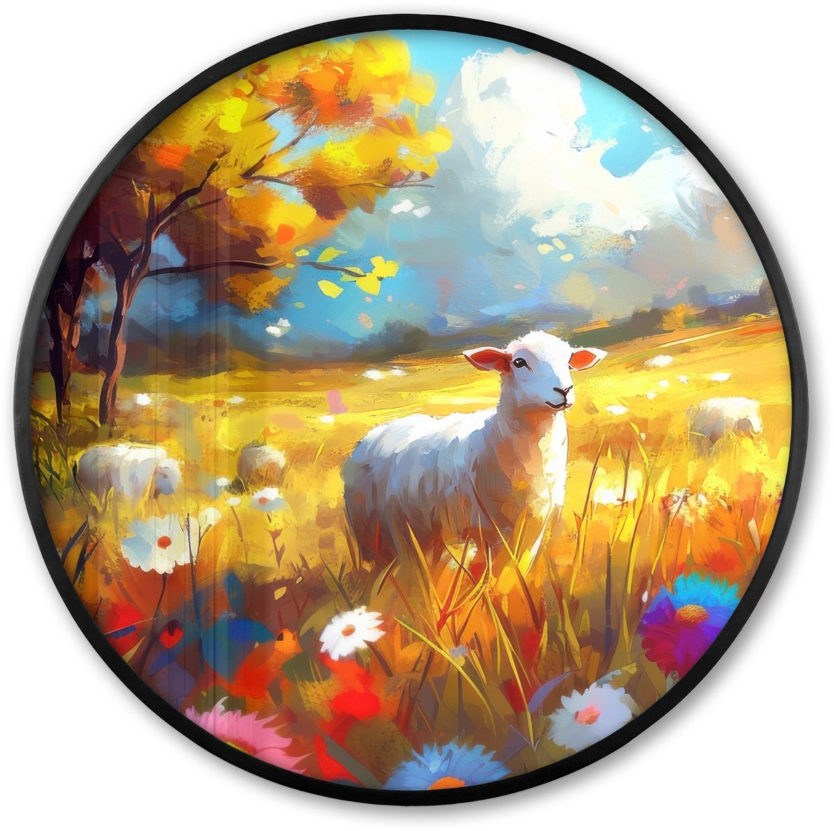 FrameYourWall Poster in lijst Rond - Fotolijst 60x60 cm - Posters - Schaap - Weide - Bloemen - Ronde posterlijst zwart - Decoratie - Wanddecoratie woonkamer - Muurdecoratie slaapkamer