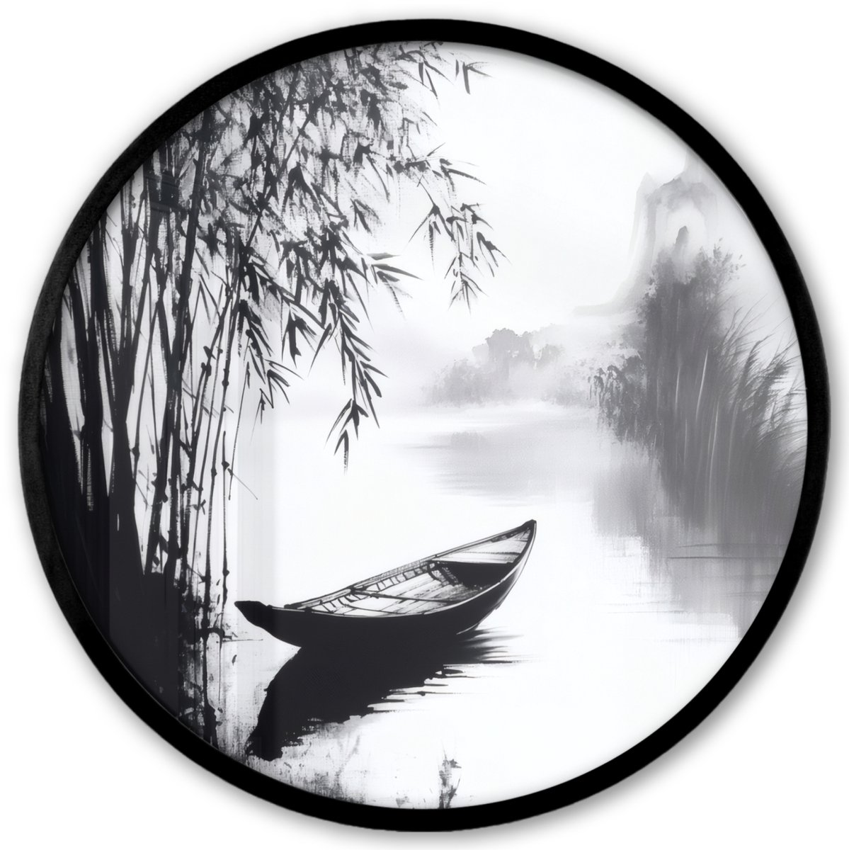 FrameYourWall Poster in lijst Rond - Fotolijst 40x40 cm - Posters - Boot - Rivier - Bamboe - Wit - Ronde posterlijst zwart - Decoratie - Wanddecoratie woonkamer - Muurdecoratie slaapkamer
