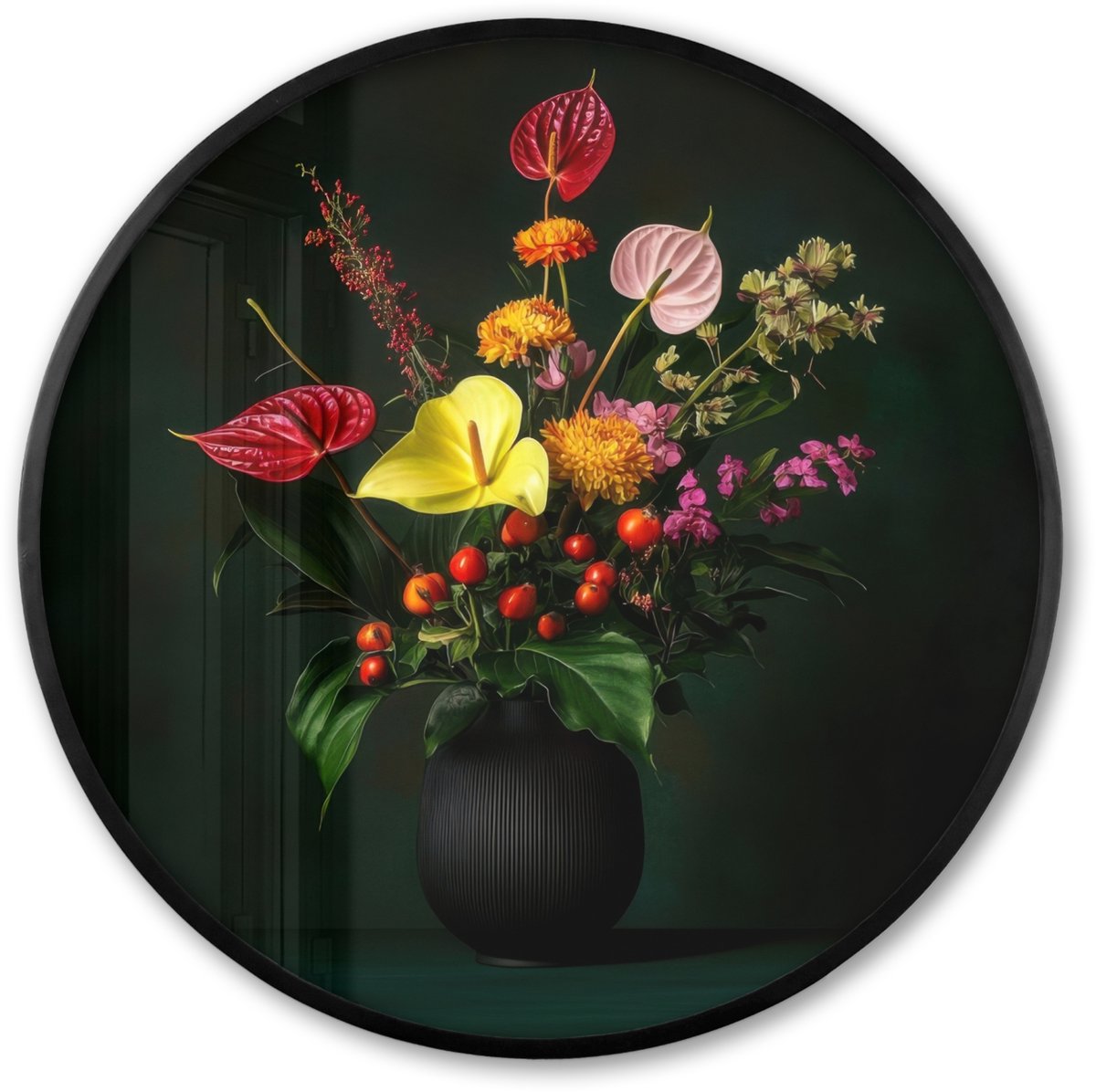 FrameYourWall Poster in lijst Rond - Fotolijst 60x60 cm - Posters - Bloemen - Vaas - Zwart - Ronde posterlijst zwart - Decoratie - Wanddecoratie woonkamer - Muurdecoratie slaapkamer Boeket - Bloemen 2