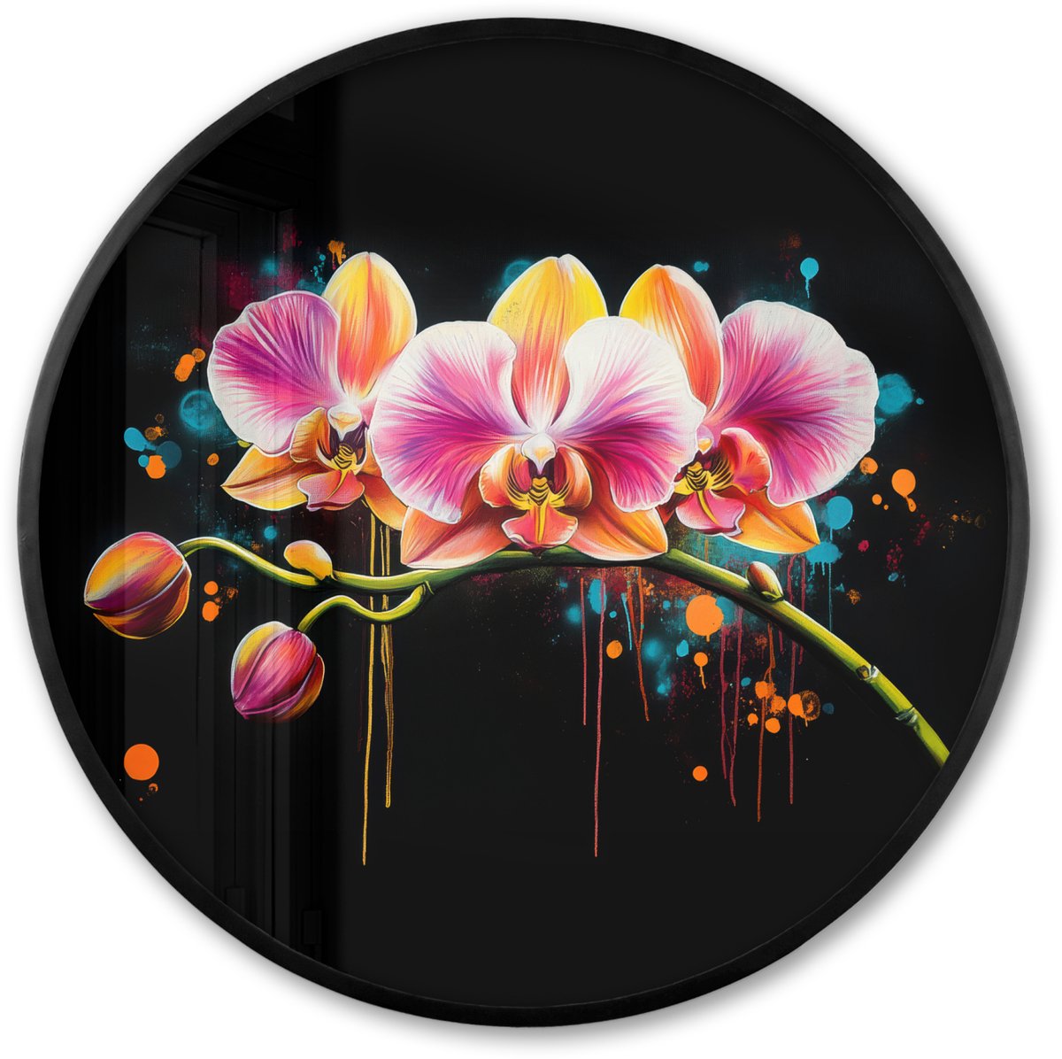 FrameYourWall Poster in lijst Rond - Fotolijst 80x80 cm - Posters - Orchidee - Graffiti - Kleurrijk - Bloemen - Abstract - Ronde posterlijst zwart - Decoratie - Wanddecoratie woonkamer - Muurdecoratie slaapkamer Graffiti - Orchidee