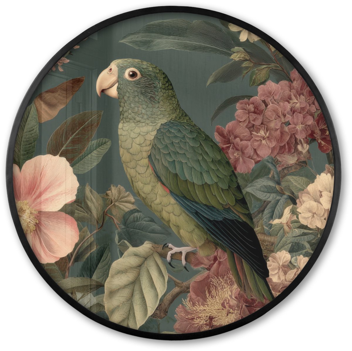 FrameYourWall Poster in lijst Rond - Fotolijst 60x60 cm - Posters - Groene papegaai - Kleurrijke bloemen - Donkere achtergrond - Ronde posterlijst zwart - Decoratie - Wanddecoratie woonkamer - Muurdecoratie slaapkamer Papegaai - Bloemen
