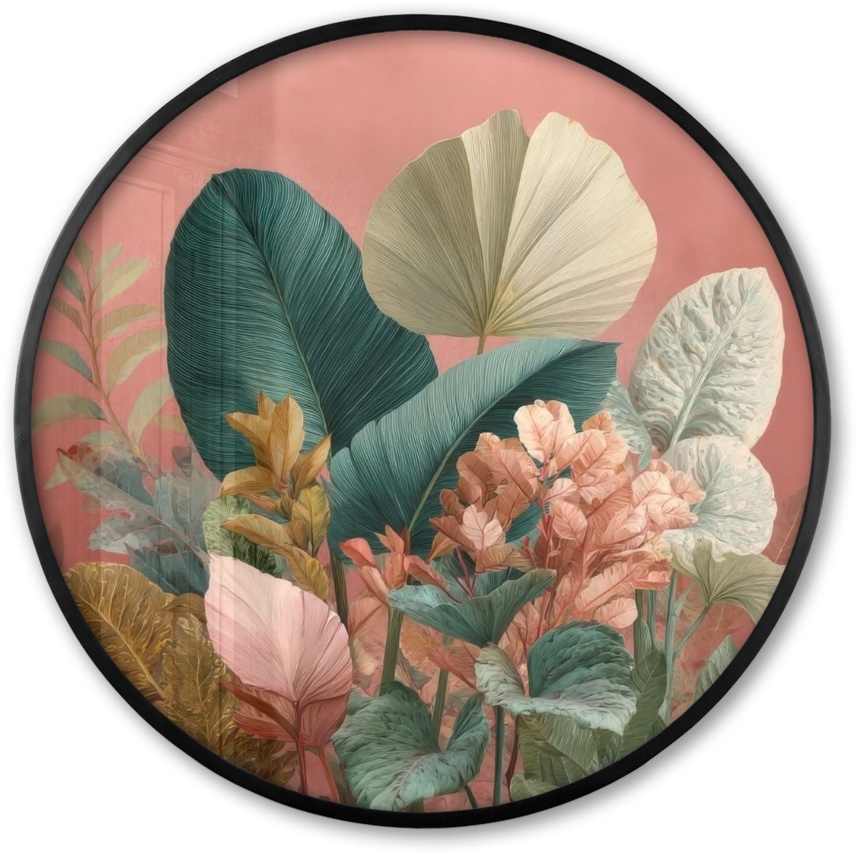 FrameYourWall Poster in lijst Rond - Fotolijst 60x60 cm - Posters - Tropische bladeren - Bloemen - Roze - groen - Ronde posterlijst zwart - Decoratie - Wanddecoratie woonkamer - Muurdecoratie slaapkamer Tropisch - Bladeren - Bloemen