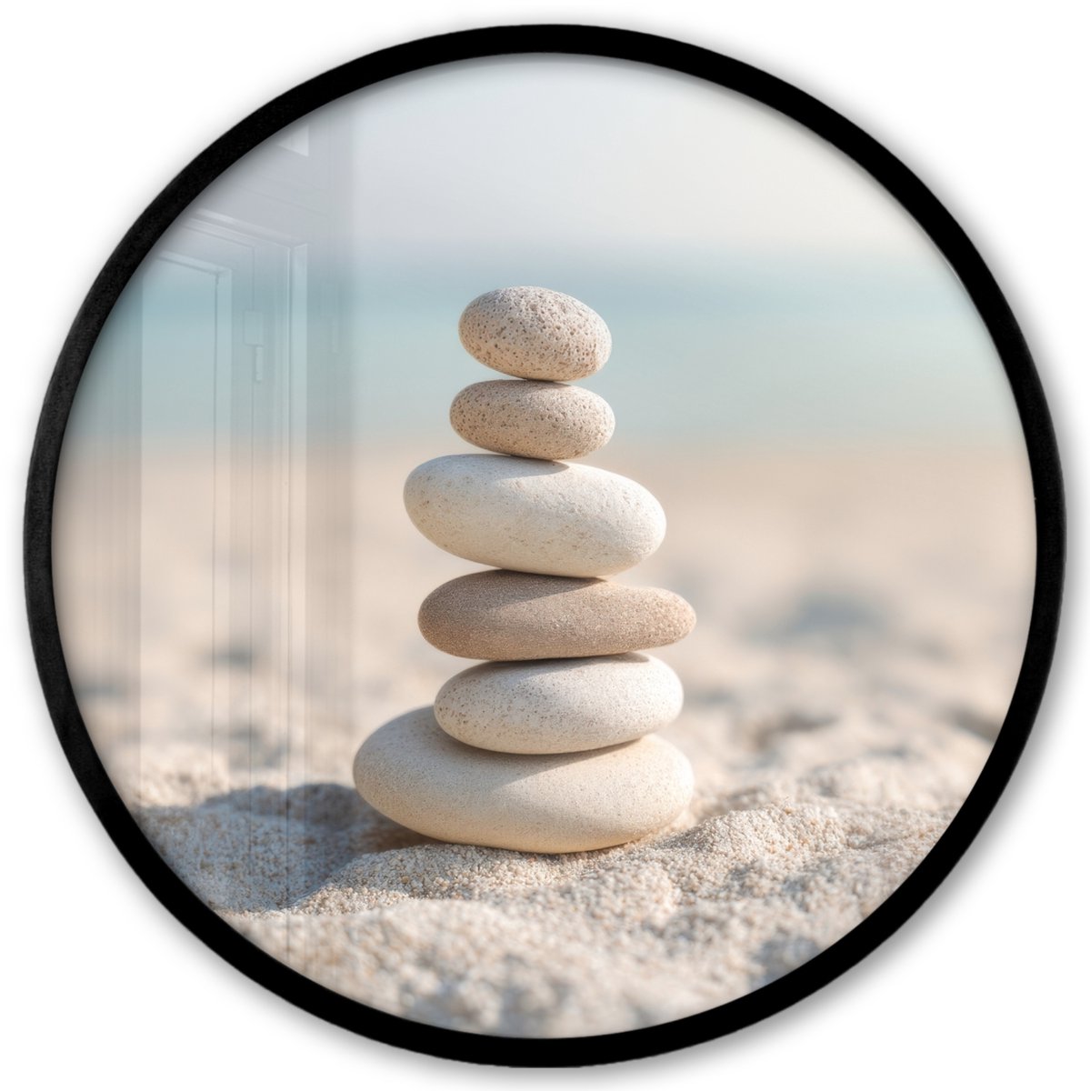 FrameYourWall Poster in lijst Rond - Fotolijst 40x40 cm - Posters - Stenen - Stapel - Zand - Zee - Ronde posterlijst zwart - Decoratie - Wanddecoratie woonkamer - Muurdecoratie slaapkamer