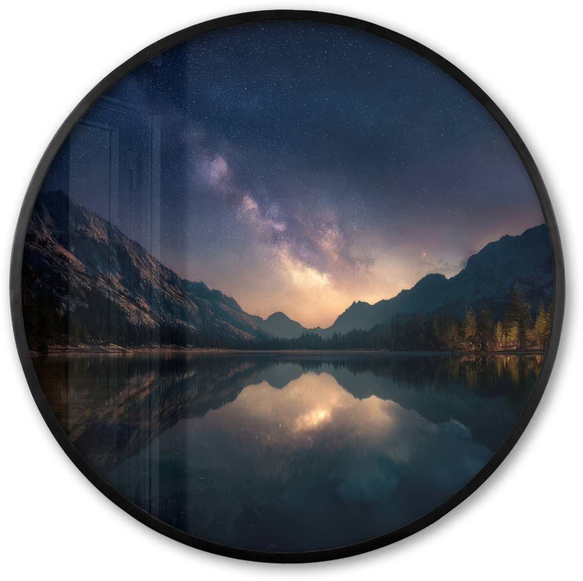 FrameYourWall Poster in lijst Rond - Fotolijst 60x60 cm - Posters - Kristalhelder meer - Bergen - Bergen - Ronde posterlijst zwart - Decoratie - Wanddecoratie woonkamer - Muurdecoratie slaapkamer Sterren - Meer - Bergen