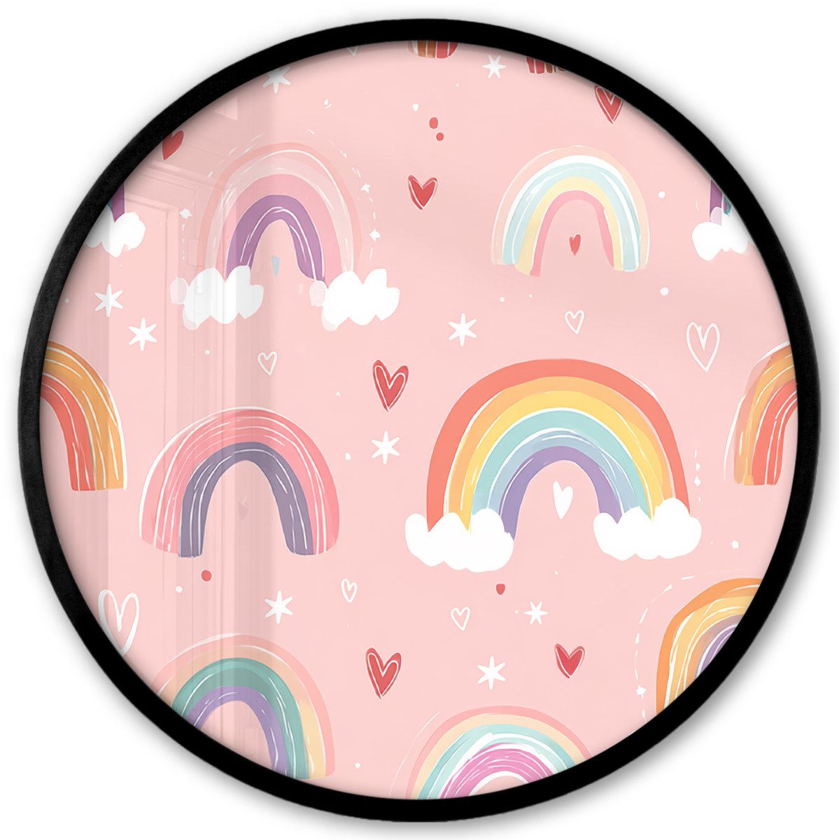 FrameYourWall Poster in lijst Rond - Fotolijst 40x40 cm - Posters - Regenboog - Patroon - Pastel - Handgetekend - Ronde posterlijst zwart - Decoratie - Wanddecoratie woonkamer - Muurdecoratie slaapkamer